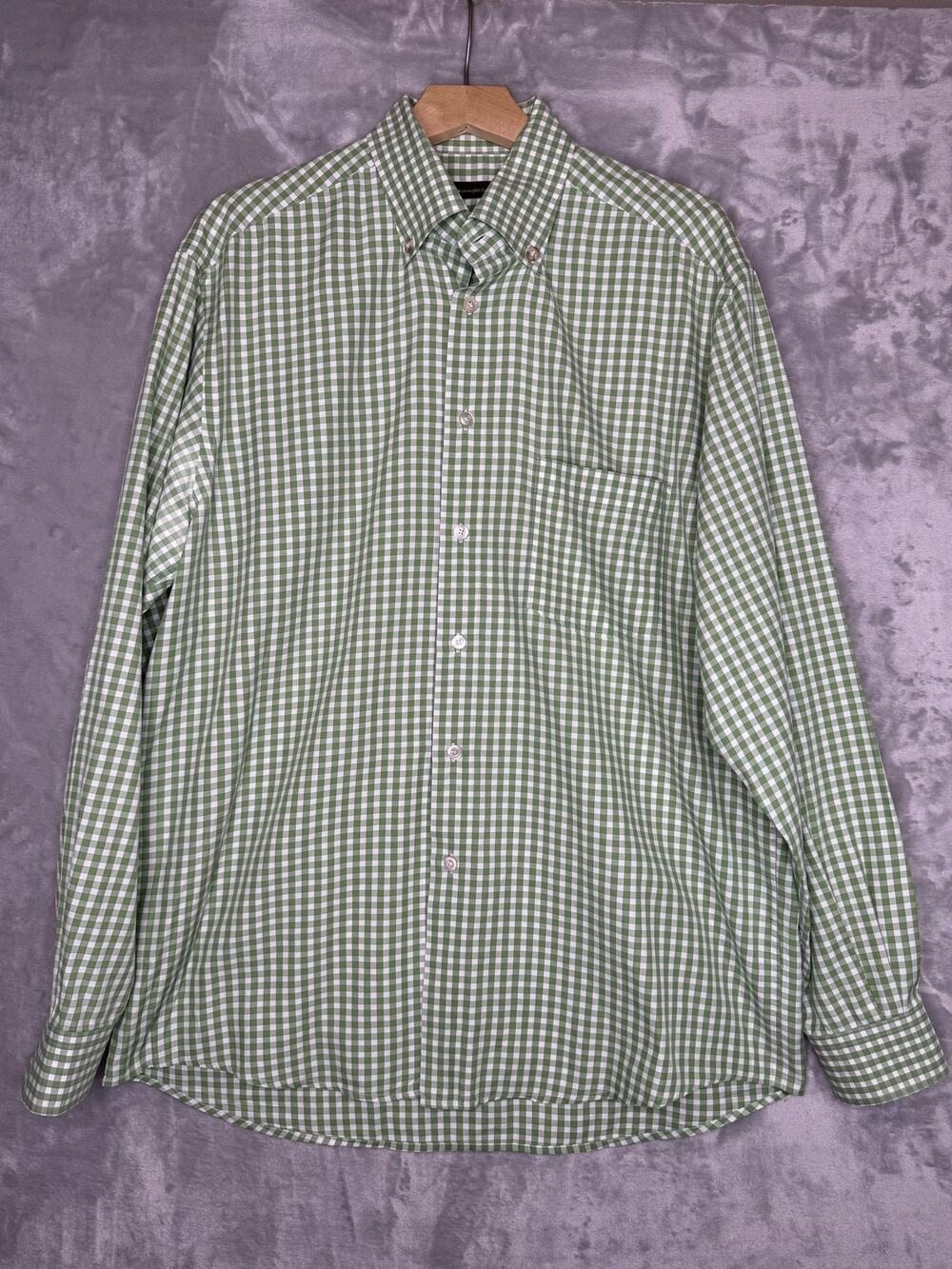 Ermenegildo Zegna Shirt Mens XL Green White Check Button Down Cotton Long Sleeve